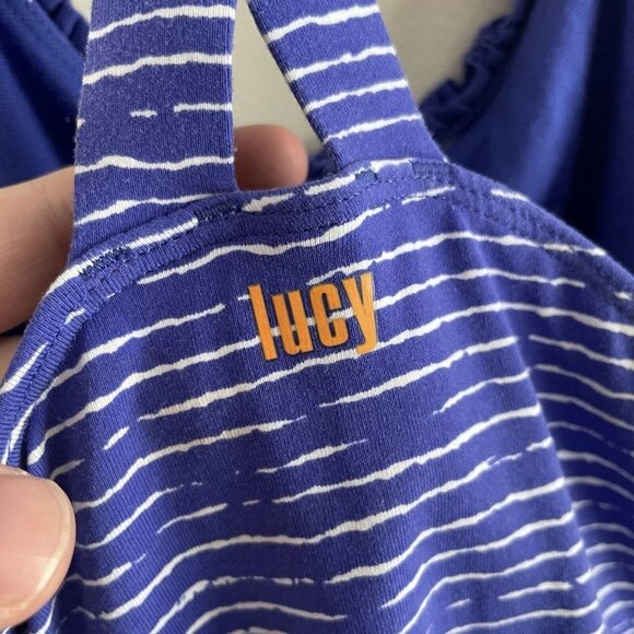 Lucy Women XS Blue White Striped Criss Cross Back Shelf Bra Athletic Tank Top - Picture 10 of 11